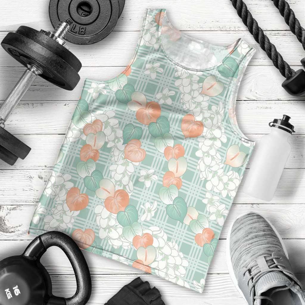Anthurium Plumeria Lei Pastel Men Tank Top Teal Hawaiian Splendid Palaka LT01 - Polynesian Pride