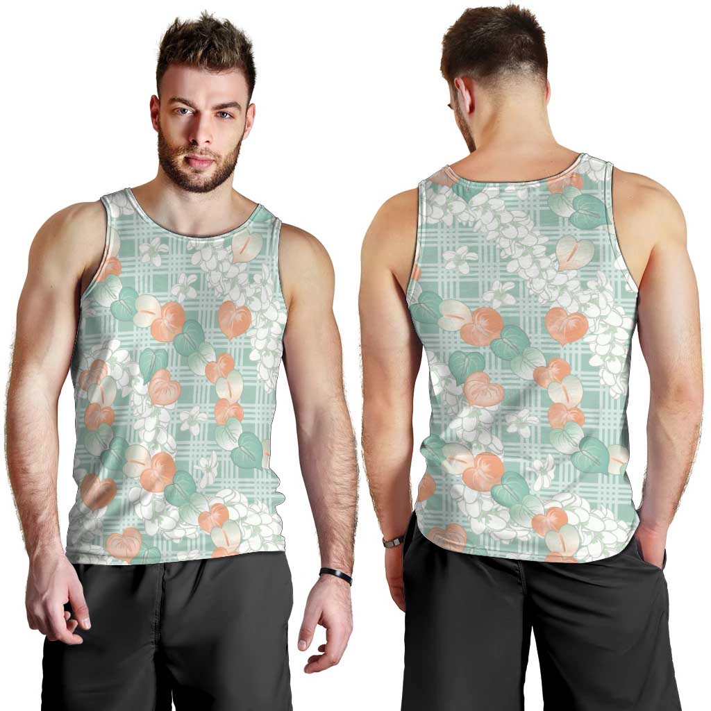 Anthurium Plumeria Lei Pastel Men Tank Top Teal Hawaiian Splendid Palaka LT01 - Polynesian Pride