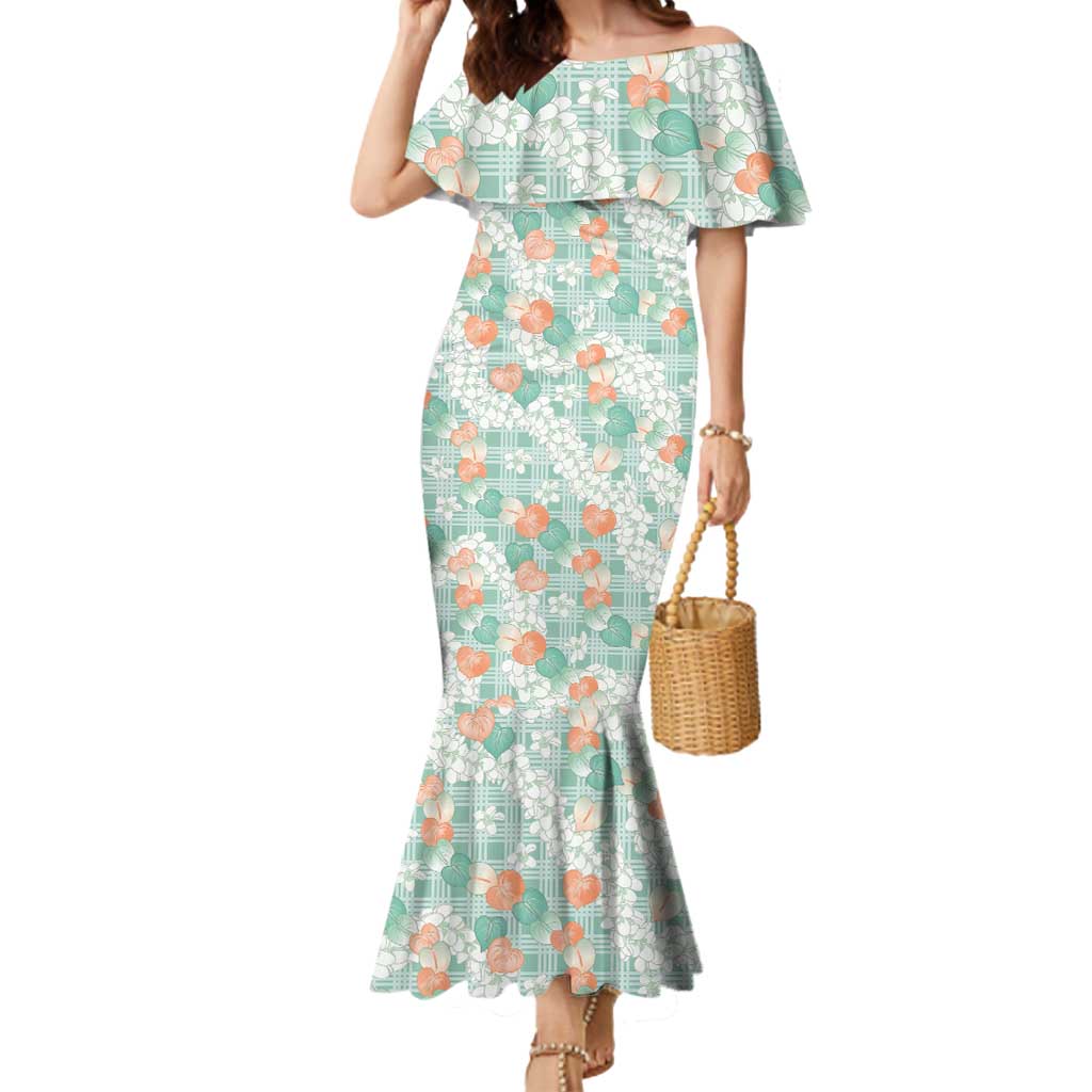 Anthurium Plumeria Lei Pastel Mermaid Dress Teal Hawaiian Splendid Palaka
