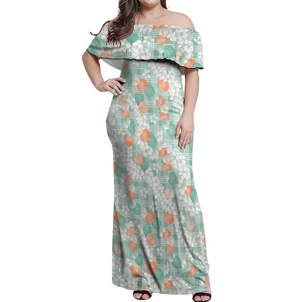 Anthurium Plumeria Lei Pastel Off Shoulder Maxi Dress Teal Hawaiian Splendid Palaka
