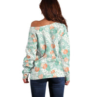 Anthurium Plumeria Lei Pastel Off Shoulder Sweater Teal Hawaiian Splendid Palaka LT01 - Polynesian Pride