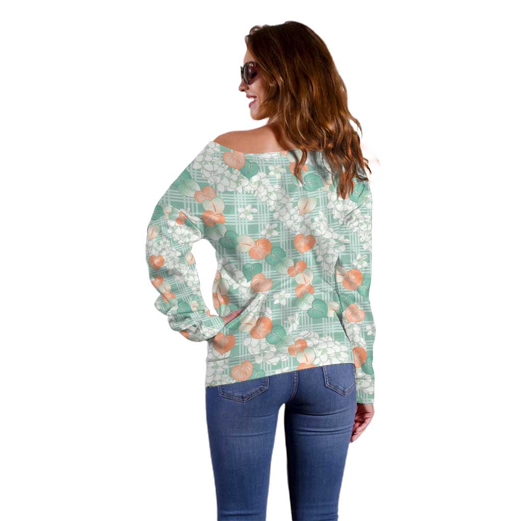 Anthurium Plumeria Lei Pastel Off Shoulder Sweater Teal Hawaiian Splendid Palaka LT01 - Polynesian Pride