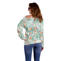 Anthurium Plumeria Lei Pastel Off Shoulder Sweater Teal Hawaiian Splendid Palaka LT01 - Polynesian Pride