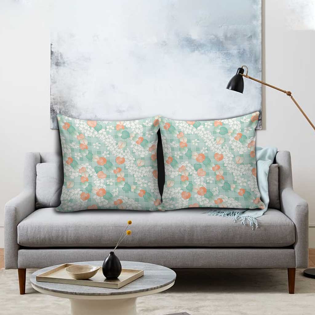 Anthurium Plumeria Lei Pastel Pillow Cover Teal Hawaiian Splendid Palaka LT01 - Polynesian Pride