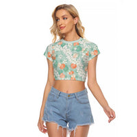Anthurium Plumeria Lei Pastel Raglan Cropped T Shirt Teal Hawaiian Splendid Palaka
