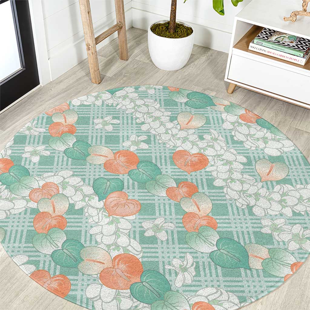 Anthurium Plumeria Lei Pastel Round Carpet Teal Hawaiian Splendid Palaka