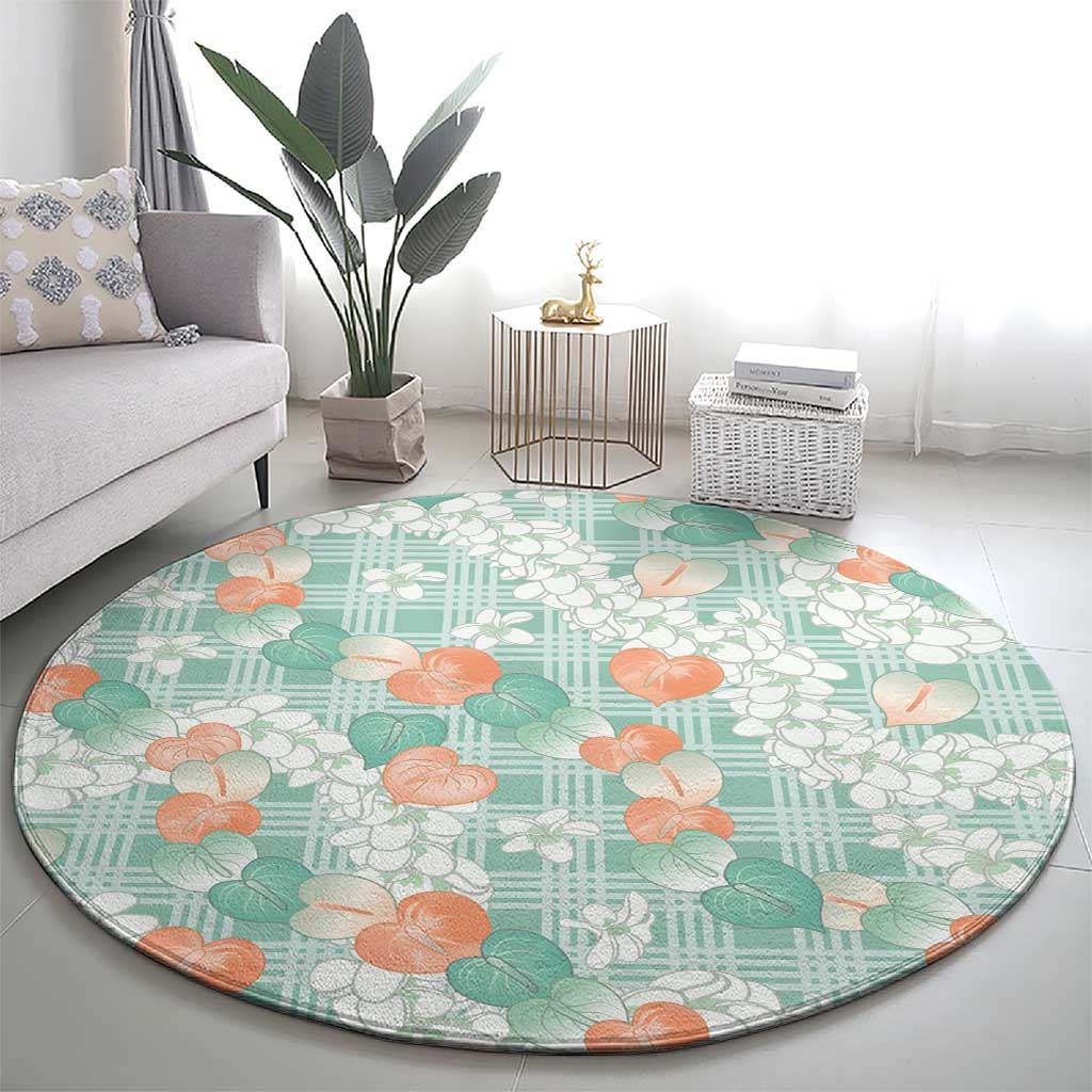 Anthurium Plumeria Lei Pastel Round Carpet Teal Hawaiian Splendid Palaka