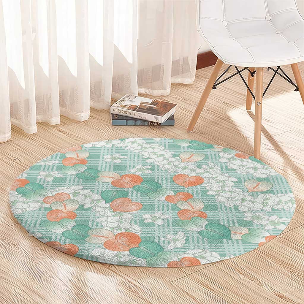 Anthurium Plumeria Lei Pastel Round Carpet Teal Hawaiian Splendid Palaka