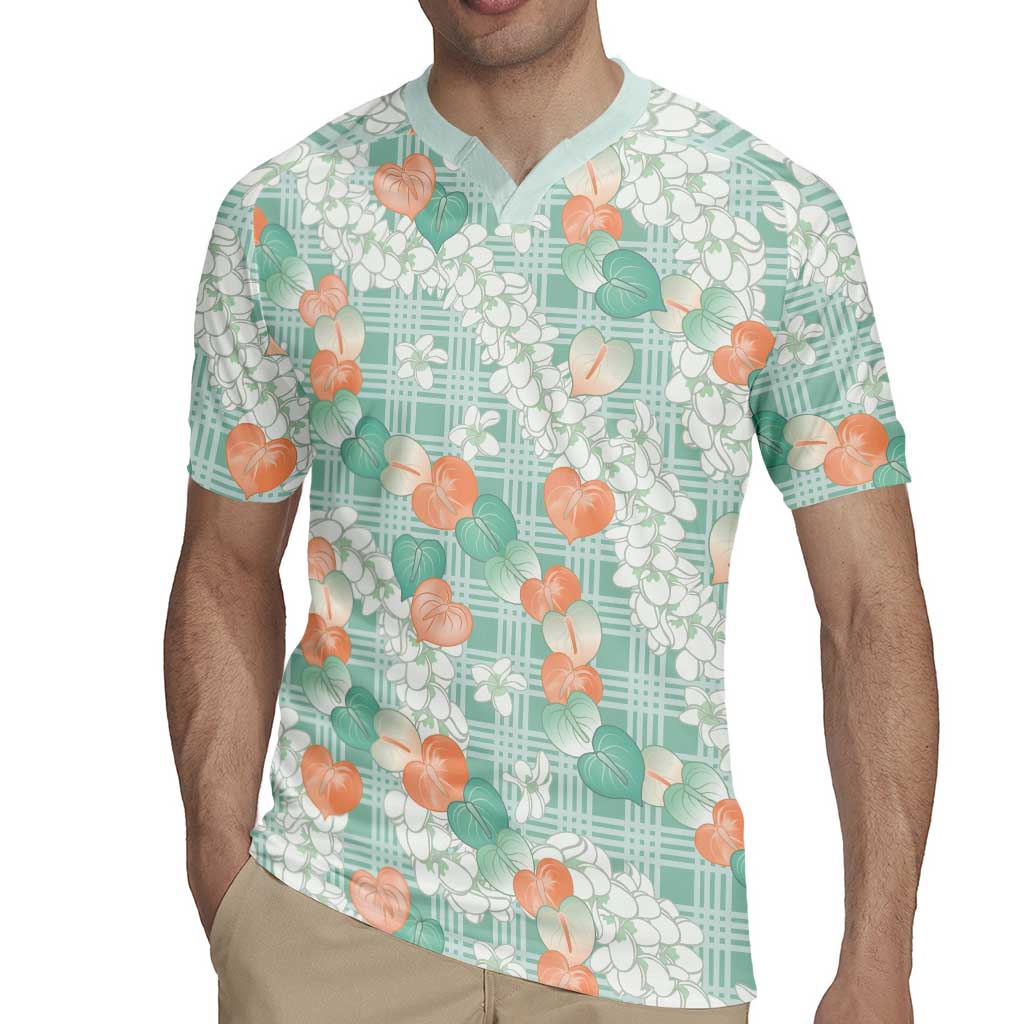 Anthurium Plumeria Lei Pastel Rugby Jersey Teal Hawaiian Splendid Palaka LT01 - Polynesian Pride
