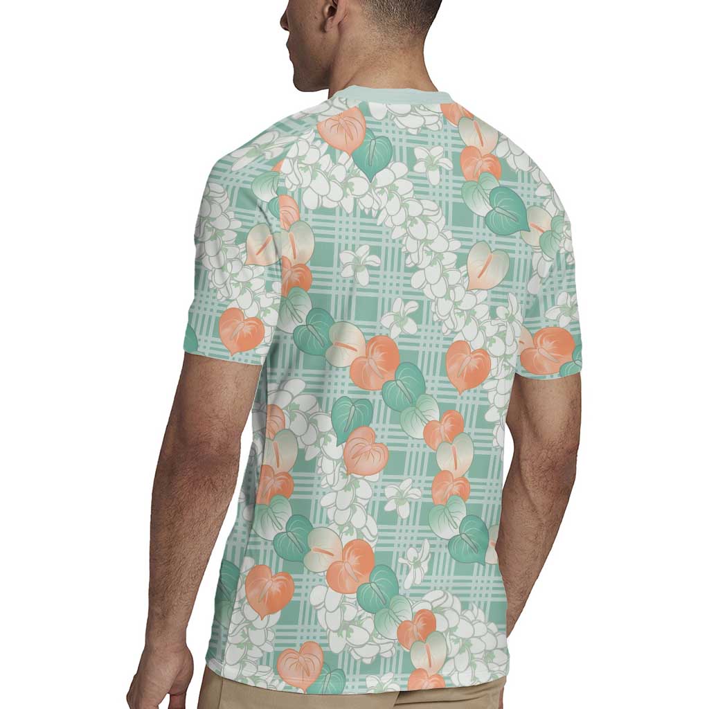 Anthurium Plumeria Lei Pastel Rugby Jersey Teal Hawaiian Splendid Palaka LT01 - Polynesian Pride