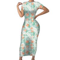 Anthurium Plumeria Lei Pastel Short Sleeve Bodycon Dress Teal Hawaiian Splendid Palaka LT01 Long Dress Teal - Polynesian Pride