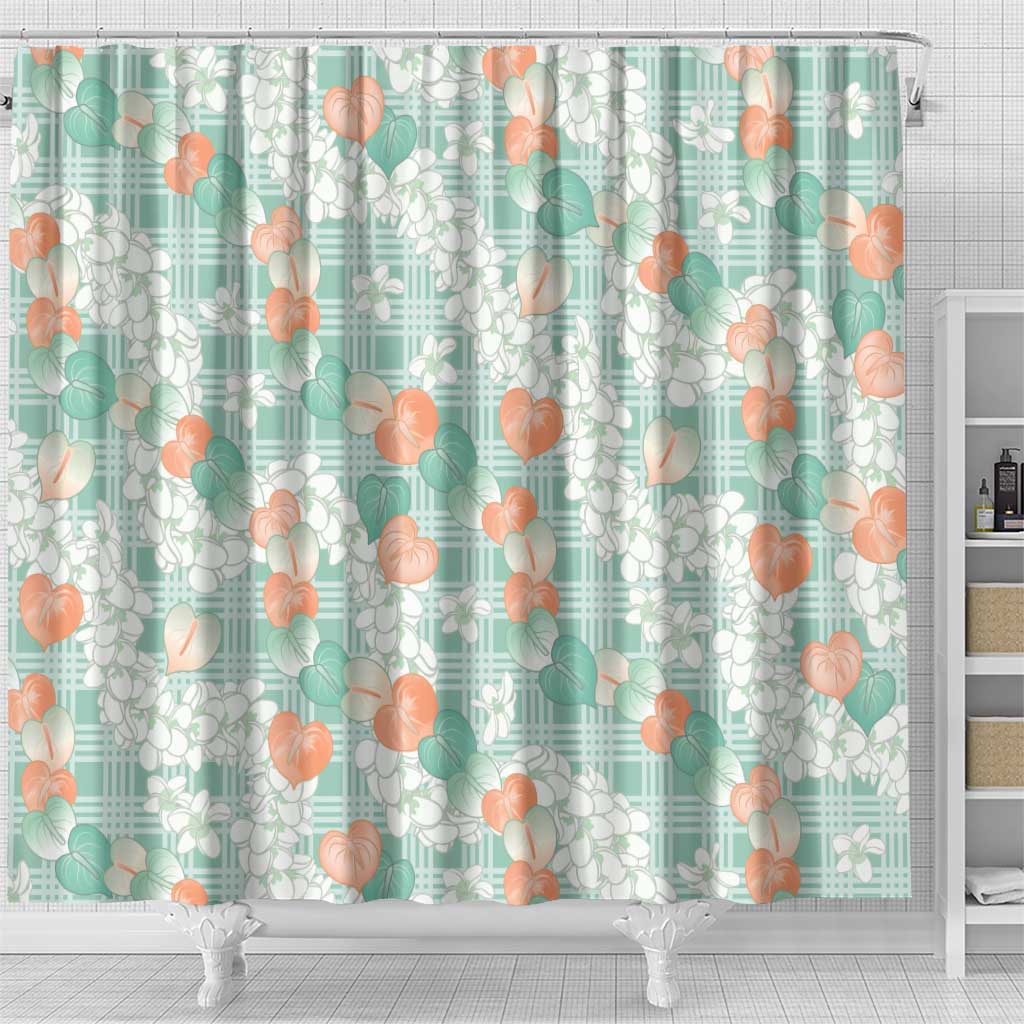 Anthurium Plumeria Lei Pastel Shower Curtain Teal Hawaiian Splendid Palaka LT01 - Polynesian Pride