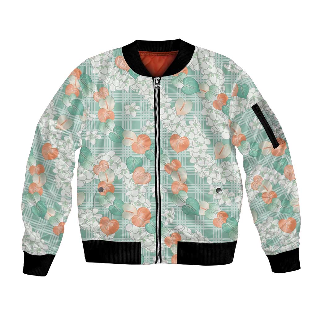 Anthurium Plumeria Lei Pastel Sleeve Zip Bomber Jacket Teal Hawaiian Splendid Palaka LT01 Unisex Teal - Polynesian Pride