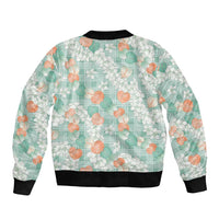 Anthurium Plumeria Lei Pastel Sleeve Zip Bomber Jacket Teal Hawaiian Splendid Palaka LT01 - Polynesian Pride