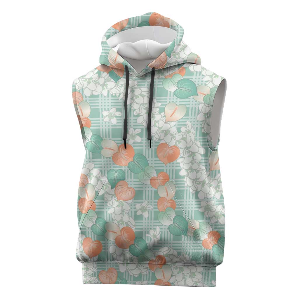 Anthurium Plumeria Lei Pastel Sleeveless Hoodie Teal Hawaiian Splendid Palaka