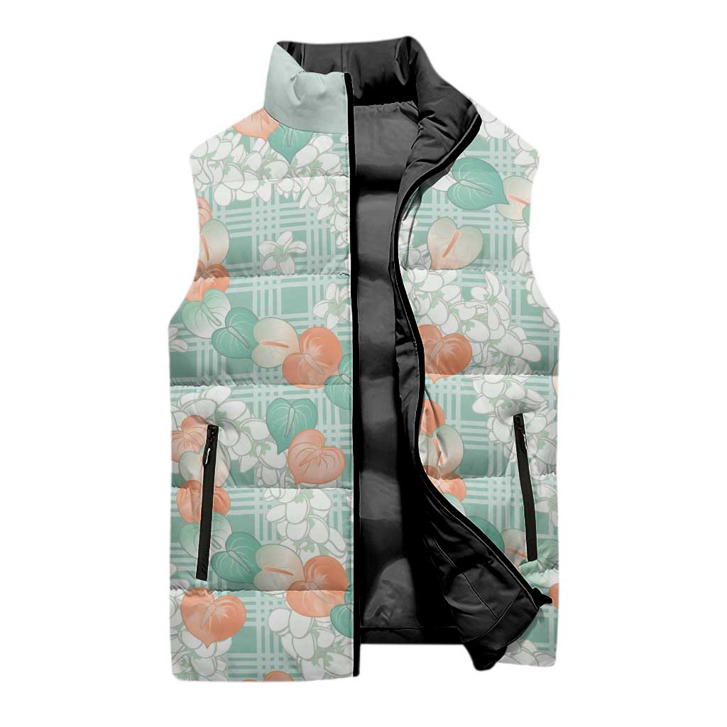 Anthurium Plumeria Lei Pastel Sleeveless Puffer Jacket Teal Hawaiian Splendid Palaka LT01 - Polynesian Pride