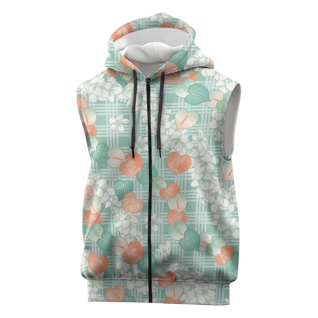 Anthurium Plumeria Lei Pastel Sleeveless Zip Hoodie Teal Hawaiian Splendid Palaka