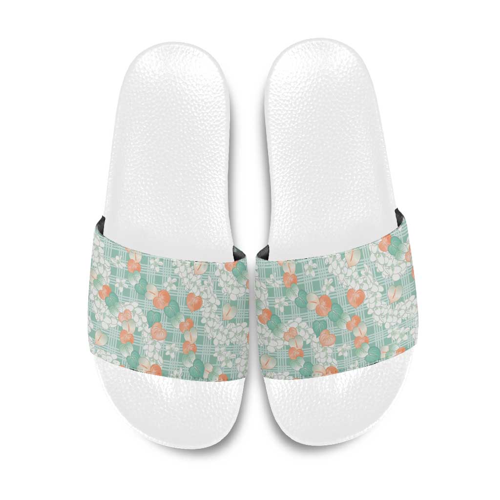 Anthurium Plumeria Lei Pastel Slide Sandals Teal Hawaiian Splendid Palaka LT01 Teal - Polynesian Pride