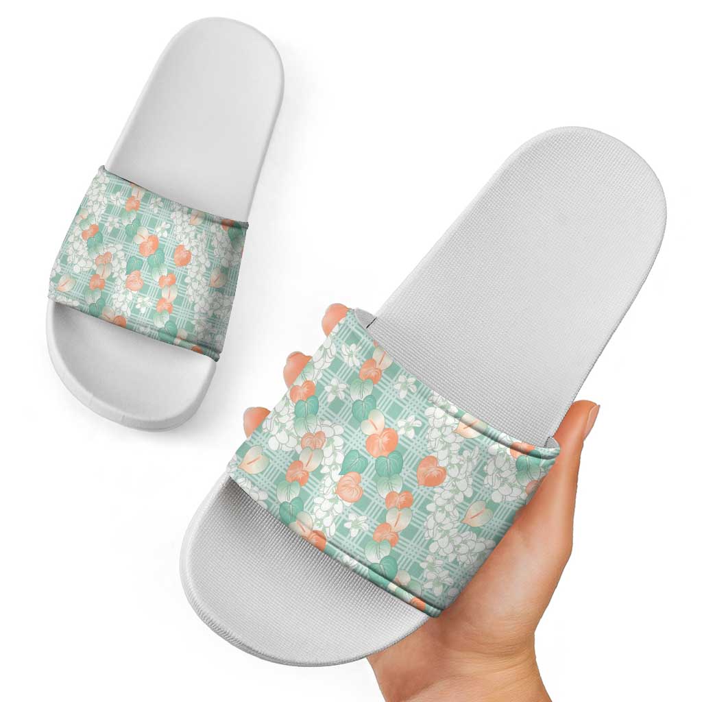 Anthurium Plumeria Lei Pastel Slide Sandals Teal Hawaiian Splendid Palaka LT01 - Polynesian Pride