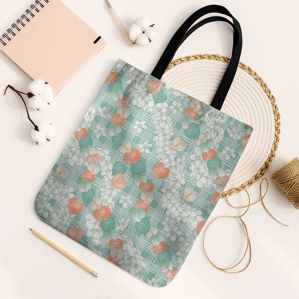 Anthurium Plumeria Lei Pastel Tote Bag Teal Hawaiian Splendid Palaka LT01 Black Strap One Size Teal - Polynesian Pride