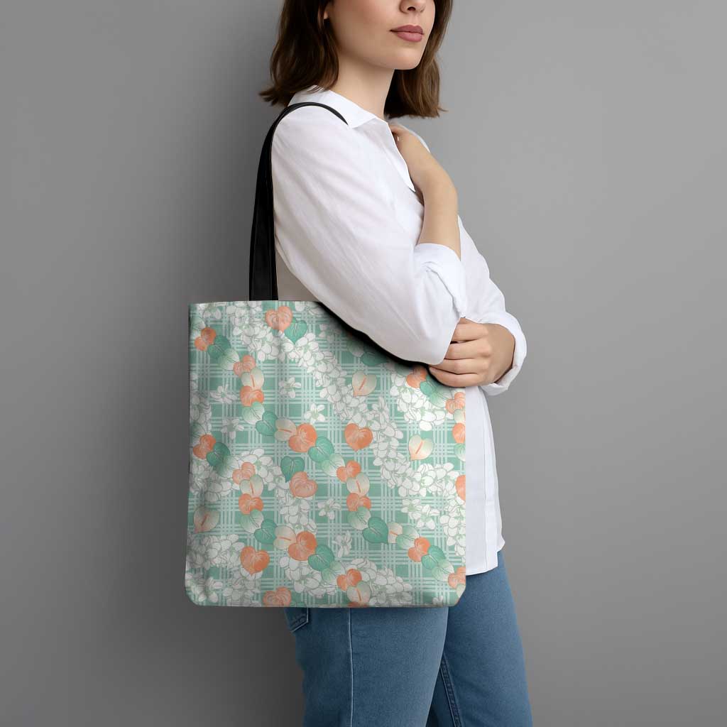 Anthurium Plumeria Lei Pastel Tote Bag Teal Hawaiian Splendid Palaka LT01 - Polynesian Pride