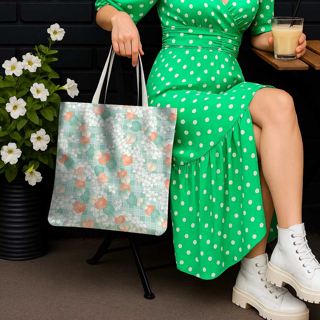 Anthurium Plumeria Lei Pastel Tote Bag Teal Hawaiian Splendid Palaka LT01 - Polynesian Pride
