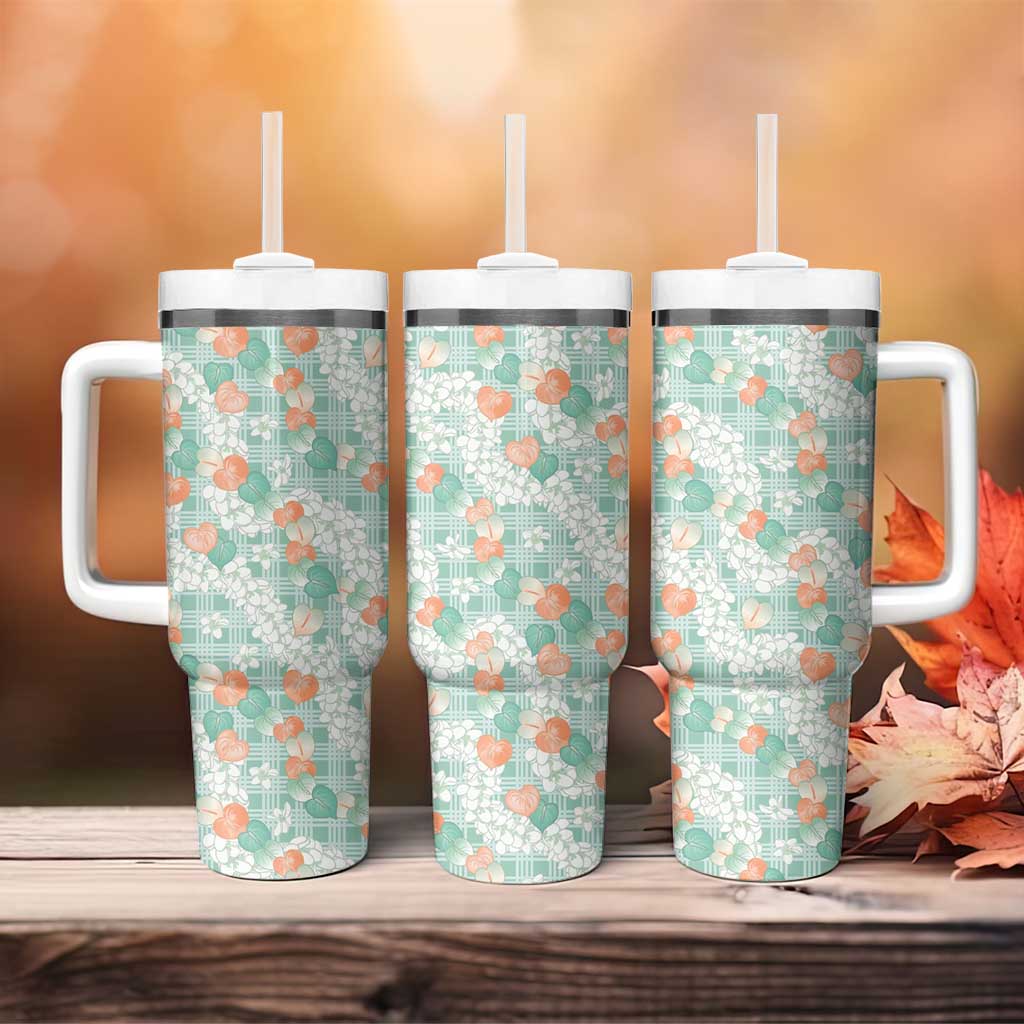 Anthurium Plumeria Lei Pastel Tumbler With Handle Teal Hawaiian Splendid Palaka