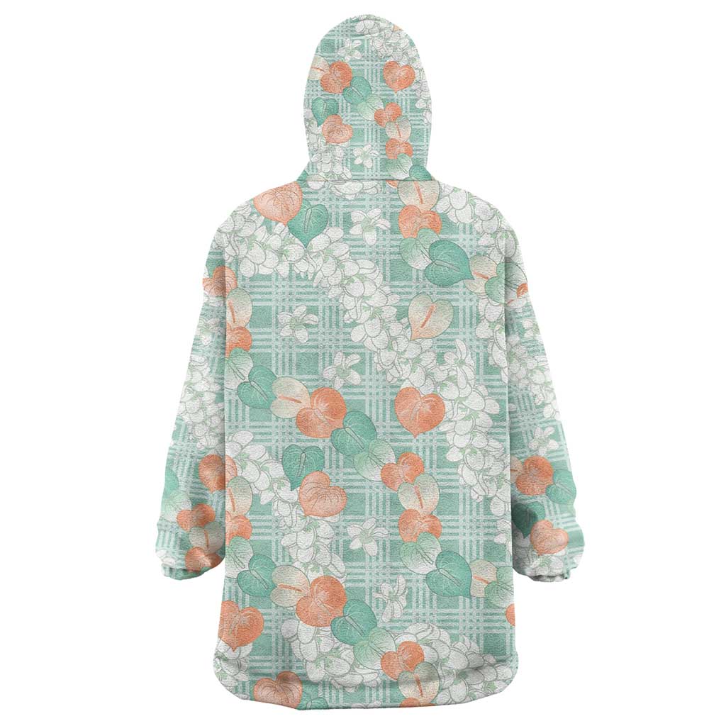 Anthurium Plumeria Lei Pastel Wearable Blanket Hoodie Teal Hawaiian Splendid Palaka