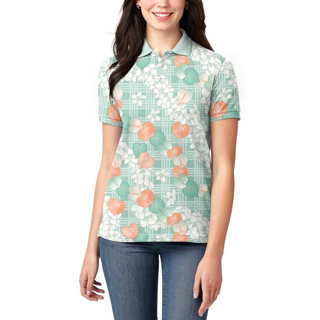 Anthurium Plumeria Lei Pastel Women Polo Shirt Teal Hawaiian Splendid Palaka