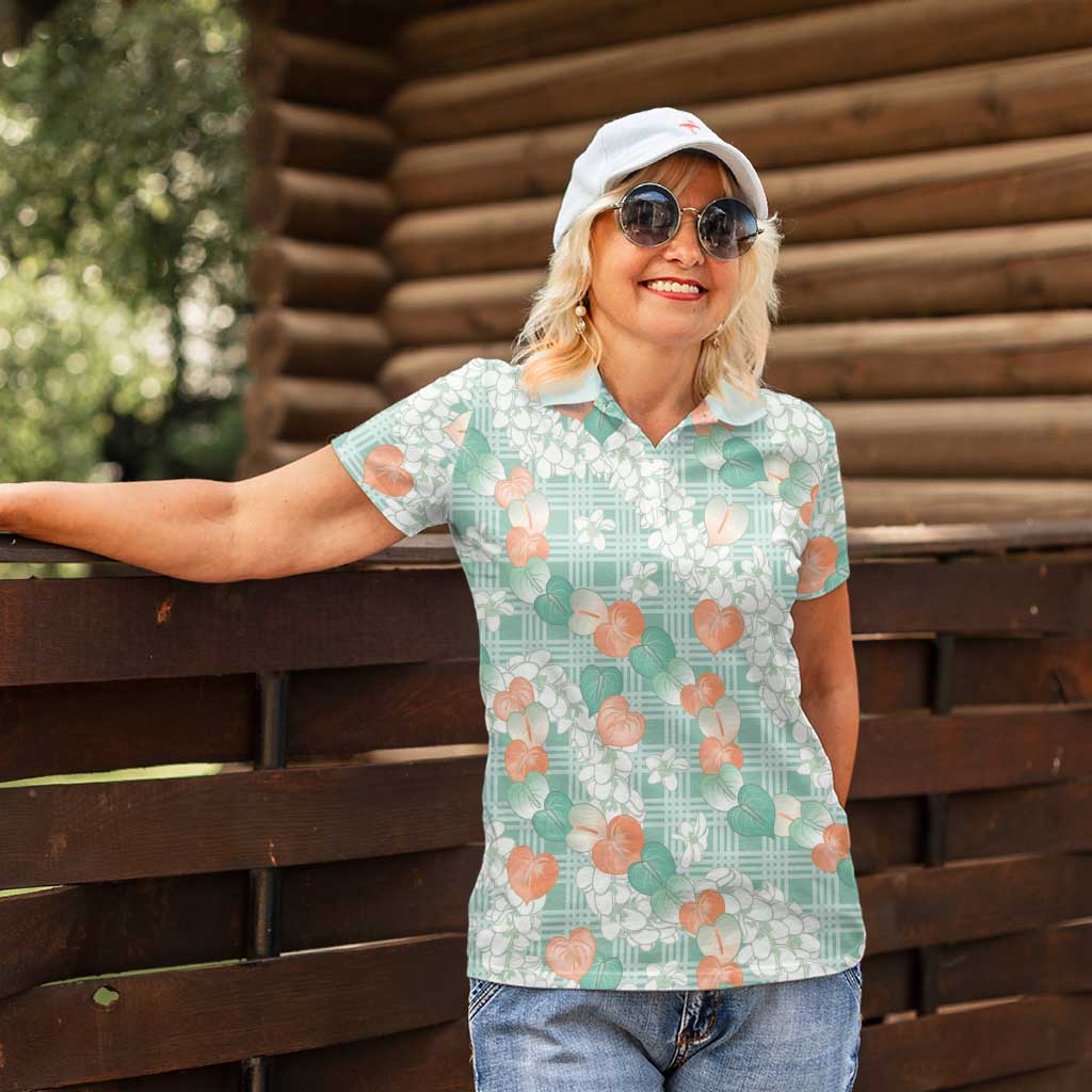 Anthurium Plumeria Lei Pastel Women Polo Shirt Teal Hawaiian Splendid Palaka