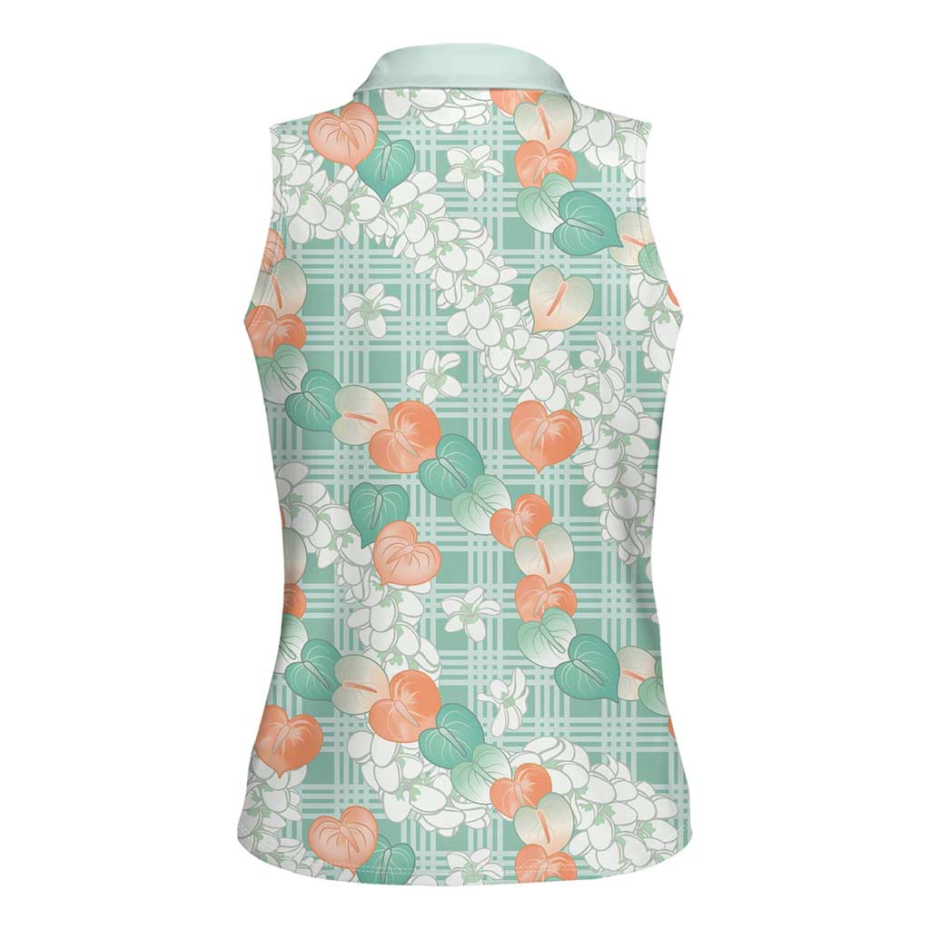Anthurium Plumeria Lei Pastel Women Sleeveless Polo Shirt Teal Hawaiian Splendid Palaka