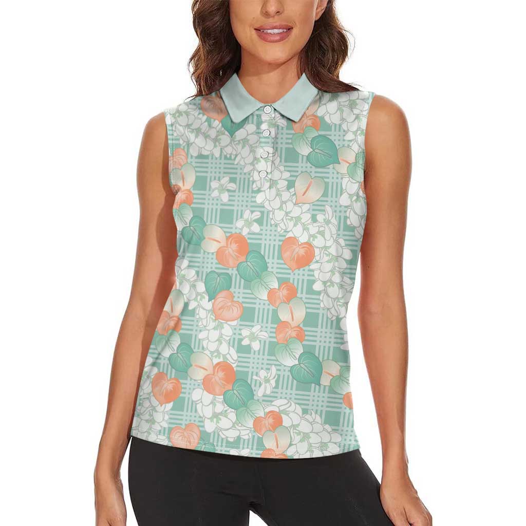 Anthurium Plumeria Lei Pastel Women Sleeveless Polo Shirt Teal Hawaiian Splendid Palaka
