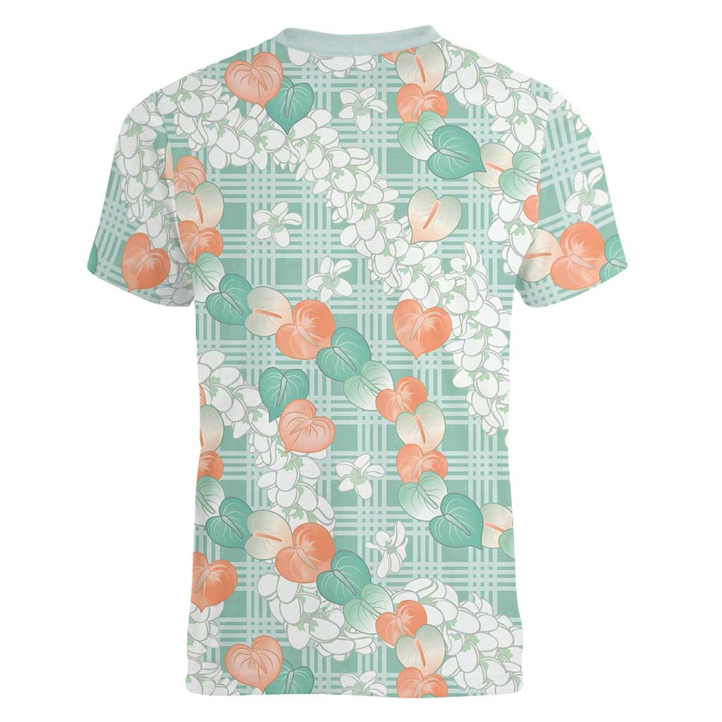 Anthurium Plumeria Lei Pastel Women V-Neck T-Shirt Teal Hawaiian Splendid Palaka