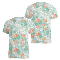 Anthurium Plumeria Lei Pastel Women V-Neck T-Shirt Teal Hawaiian Splendid Palaka