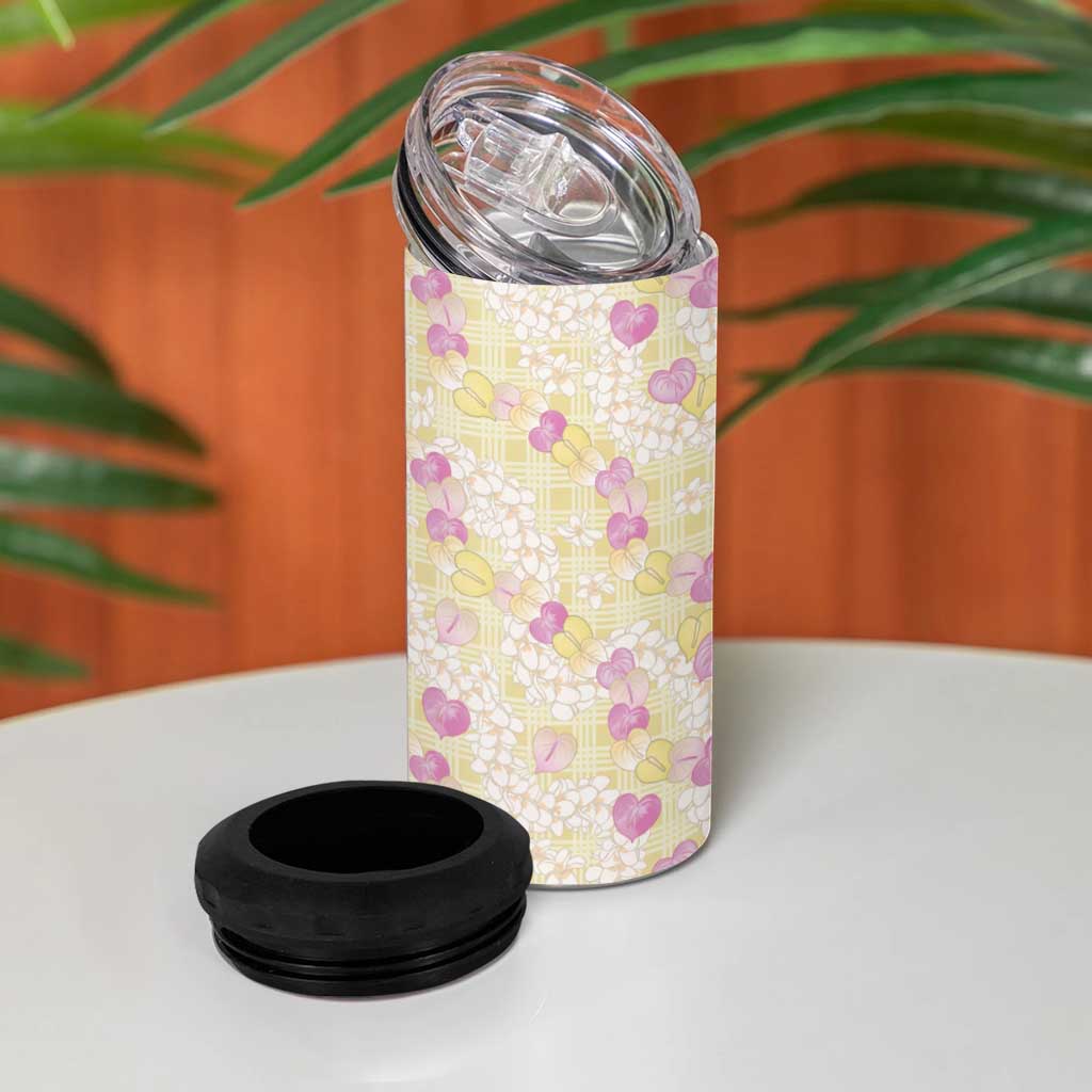 Anthurium Plumeria Lei Pastel 4 in 1 Can Cooler Tumbler Yellow Hawaiian Splendid Palaka