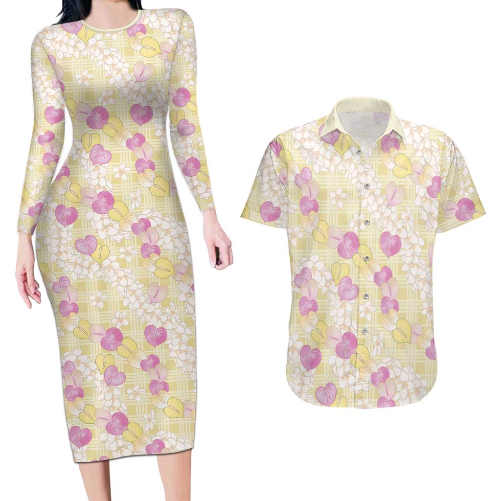 Anthurium Plumeria Lei Pastel Couples Matching Long Sleeve Bodycon Dress and Hawaiian Shirt Yellow Hawaiian Splendid Palaka