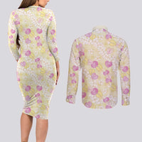 Anthurium Plumeria Lei Pastel Couples Matching Long Sleeve Bodycon Dress and Long Sleeve Button Shirt Yellow Hawaiian Splendid Palaka