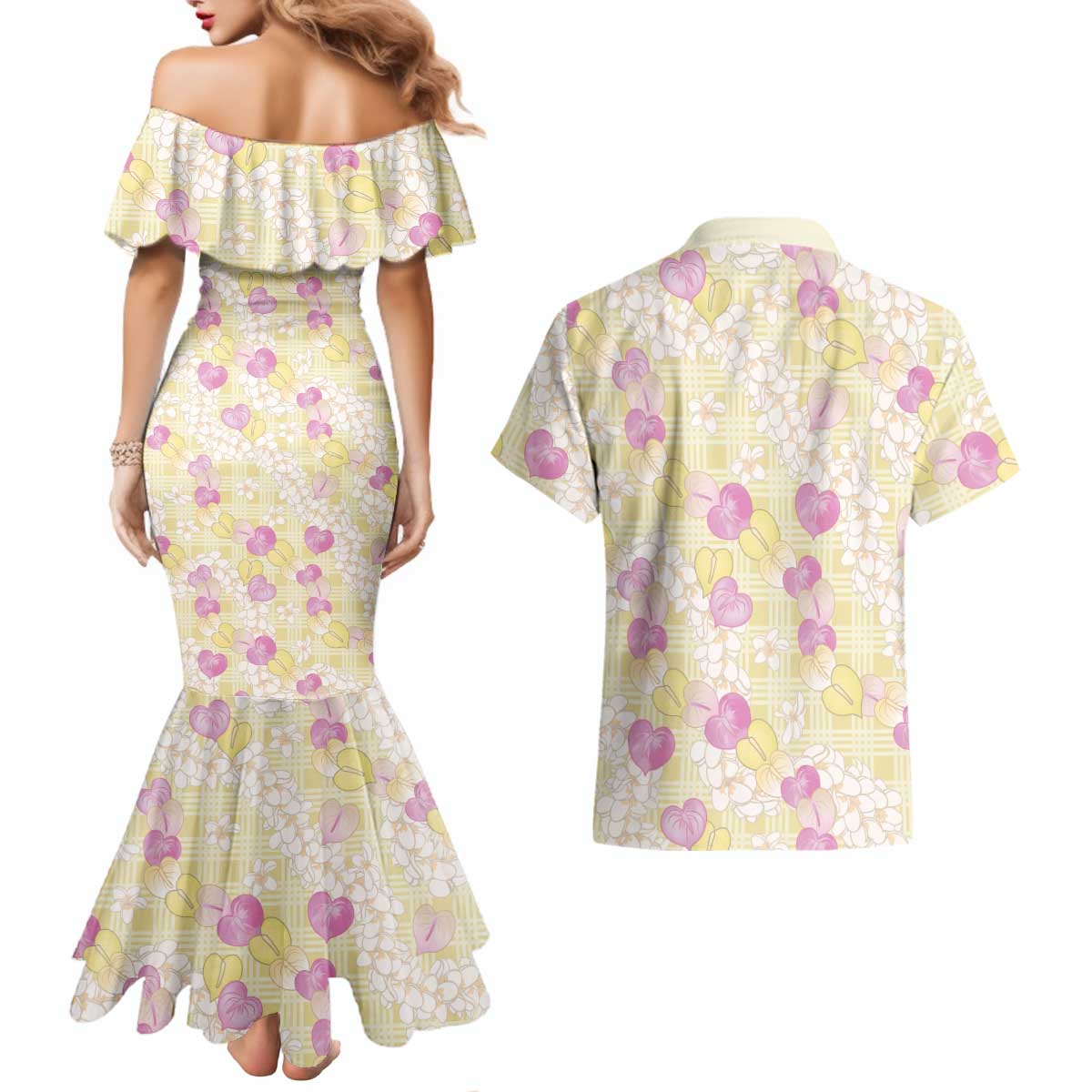 Anthurium Plumeria Lei Pastel Couples Matching Mermaid Dress and Hawaiian Shirt Yellow Hawaiian Splendid Palaka