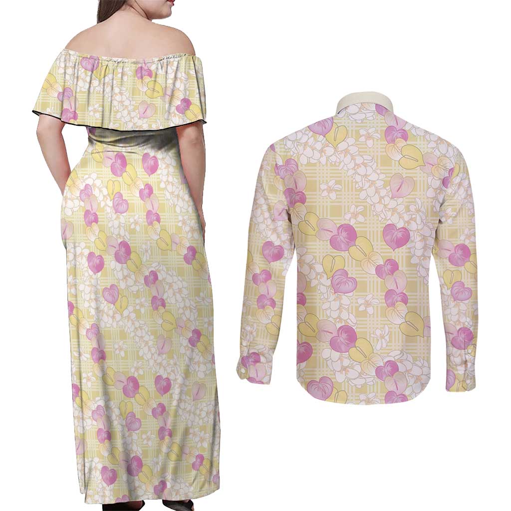 Anthurium Plumeria Lei Pastel Couples Matching Off Shoulder Maxi Dress and Long Sleeve Button Shirt Yellow Hawaiian Splendid Palaka