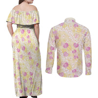 Anthurium Plumeria Lei Pastel Couples Matching Off Shoulder Maxi Dress and Long Sleeve Button Shirt Yellow Hawaiian Splendid Palaka