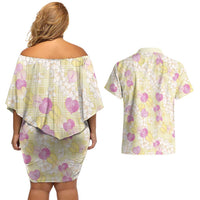 Anthurium Plumeria Lei Pastel Couples Matching Off Shoulder Short Dress and Hawaiian Shirt Yellow Hawaiian Splendid Palaka