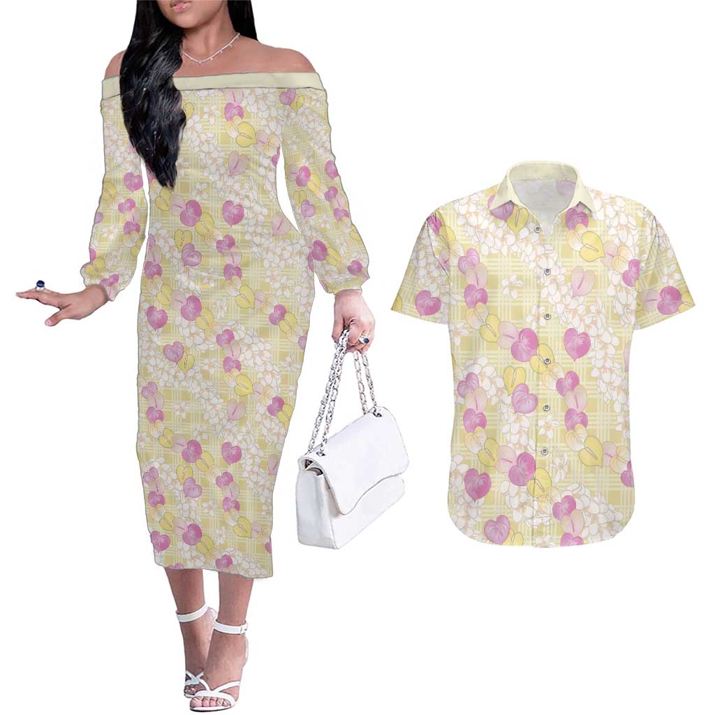 Anthurium Plumeria Lei Pastel Couples Matching Off The Shoulder Long Sleeve Dress and Hawaiian Shirt Yellow Hawaiian Splendid Palaka