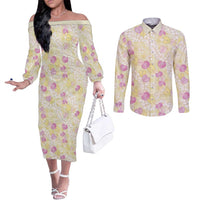 Anthurium Plumeria Lei Pastel Couples Matching Off The Shoulder Long Sleeve Dress and Long Sleeve Button Shirt Yellow Hawaiian Splendid Palaka