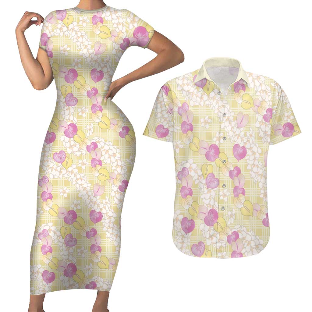 Anthurium Plumeria Lei Pastel Couples Matching Short Sleeve Bodycon Dress and Hawaiian Shirt Yellow Hawaiian Splendid Palaka