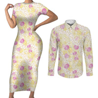 Anthurium Plumeria Lei Pastel Couples Matching Short Sleeve Bodycon Dress and Long Sleeve Button Shirt Yellow Hawaiian Splendid Palaka