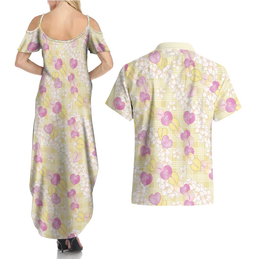 Anthurium Plumeria Lei Pastel Couples Matching Summer Maxi Dress and Hawaiian Shirt Yellow Hawaiian Splendid Palaka