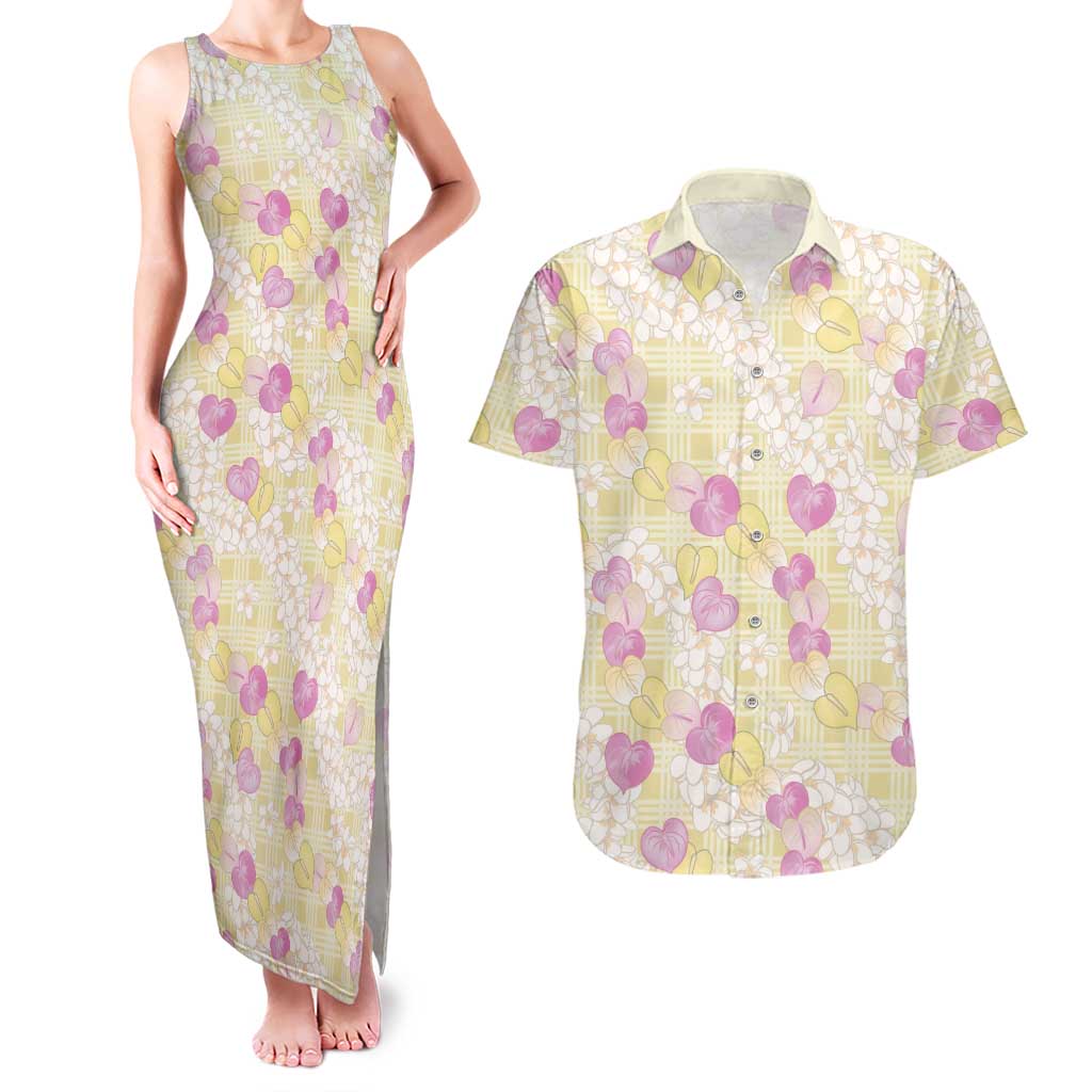 Anthurium Plumeria Lei Pastel Couples Matching Tank Maxi Dress and Hawaiian Shirt Yellow Hawaiian Splendid Palaka
