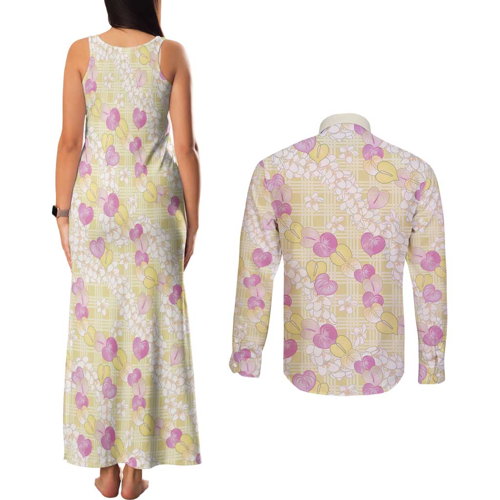 Anthurium Plumeria Lei Pastel Couples Matching Tank Maxi Dress and Long Sleeve Button Shirt Yellow Hawaiian Splendid Palaka