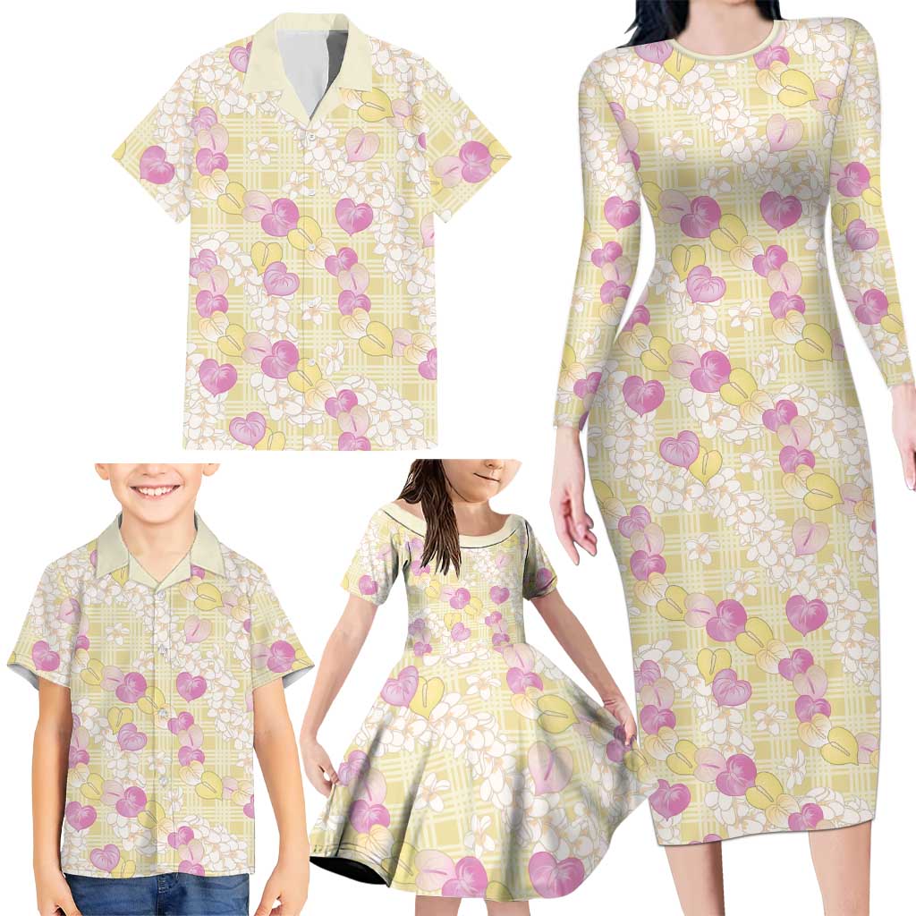Anthurium Plumeria Lei Pastel Family Matching Long Sleeve Bodycon Dress and Hawaiian Shirt Yellow Hawaiian Splendid Palaka