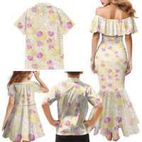 Anthurium Plumeria Lei Pastel Family Matching Mermaid Dress and Hawaiian Shirt Yellow Hawaiian Splendid Palaka